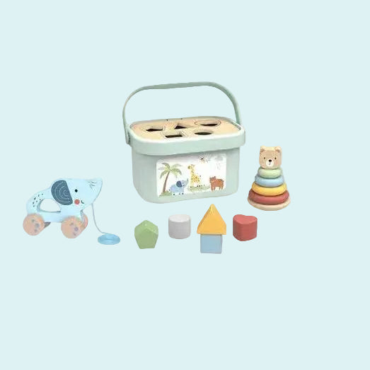 3in1 Toy Box - Sorting Blocks, Stackable Pyramid and Elephant On Wheels