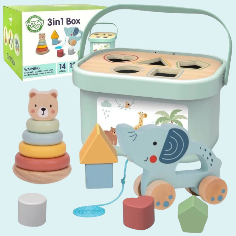 3in1 Toy Box - Sorting Blocks, Stackable Pyramid and Elephant On Wheels